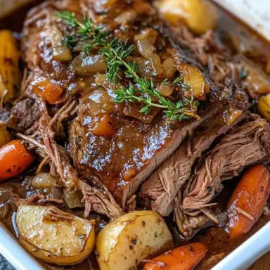Close-up of melt-in-your-mouth pot roast with golden potatoes and carrots in a rich brown gravy, topped with fresh thyme in a white roasting dish.