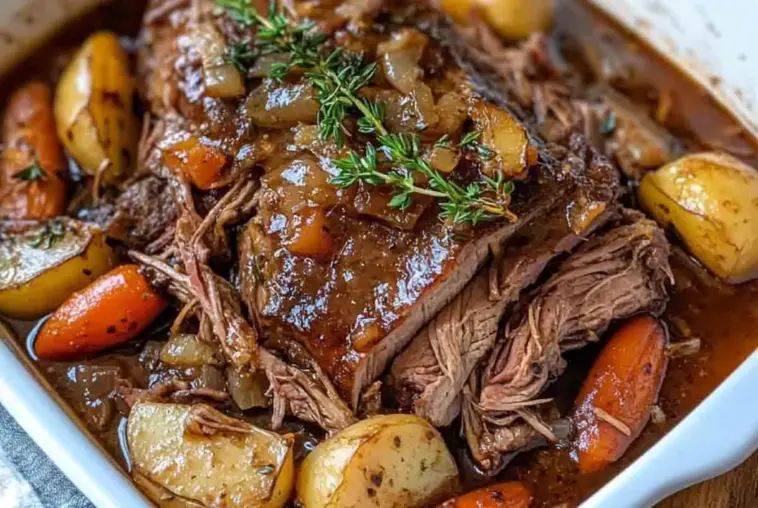 Close-up of melt in your mouth pot roast with tender beef, golden potatoes, carrots, and fresh thyme in a rich brown gravy inside a white baking dish.