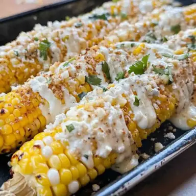 Close-up of grilled Mexican street corn (Elote) topped with creamy sauce, crumbled Cotija cheese, chili powder, and fresh cilantro on a tray.