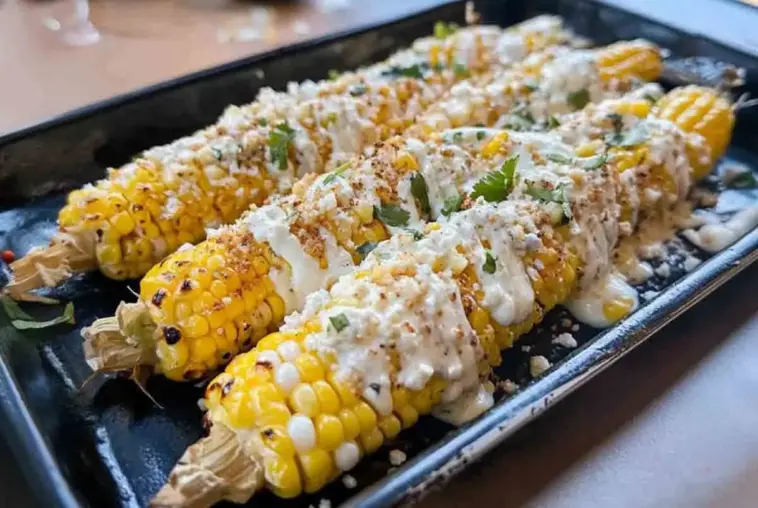 Four ears of grilled Mexican street corn topped with creamy sauce, crumbled Cotija cheese, chili powder, and fresh cilantro on a black tray.