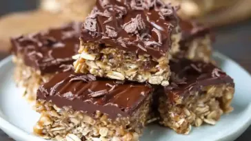 Close-up of chewy no-bake chocolate oat bars topped with melted chocolate and chocolate shavings, stacked on a white plate for a rich, homemade snack or dessert.