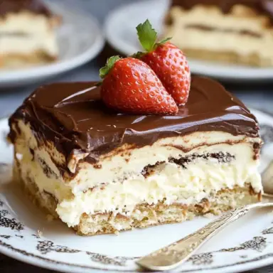 A slice of no-bake eclair cake with creamy vanilla layers, soft graham crackers, and glossy chocolate topping, garnished with fresh strawberries and mint on a vintage plate.