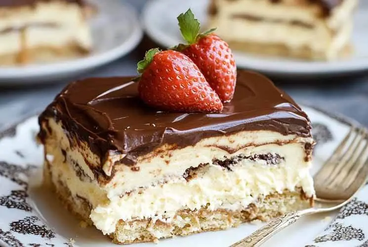 A rich slice of no-bake eclair cake with layers of vanilla pudding and graham crackers, topped with glossy chocolate frosting and fresh strawberries, served on a vintage-patterned plate.