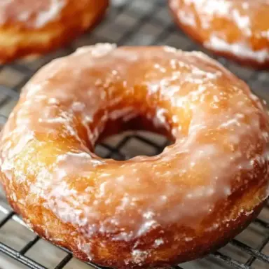 Close-up of a glazed old fashioned sour cream donut with a golden crust, resting on a cooling rack.