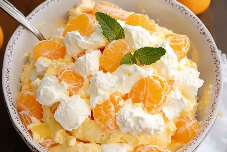 Overhead shot of Orange Creamsicle Salad in a white bowl, topped with whipped cream, mandarin orange slices, and fresh mint leaves.