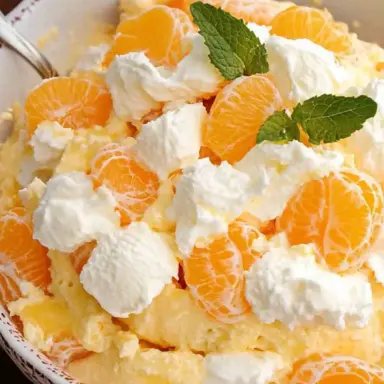 Close-up of creamy Orange Creamsicle Salad topped with mandarin orange slices, whipped cream, and fresh mint in a white bowl.