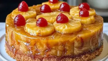 Close-up view of a golden pineapple upside down cake topped with glossy pineapple rings and red cherries, sitting on a white cake stand with caramel glaze dripping down the sides.