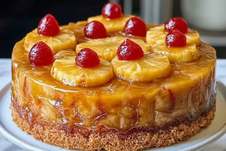 Close-up view of a golden pineapple upside down cake topped with glossy pineapple rings and red cherries, sitting on a white cake stand with caramel glaze dripping down the sides.
