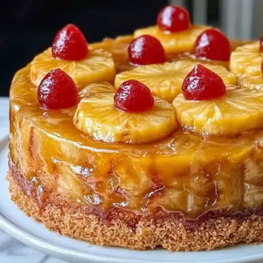 Close-up of a glossy pineapple upside down cake topped with caramelized pineapple rings and bright red cherries, served on a white cake stand.