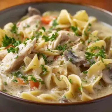 Bowl of creamy slow cooker chicken and noodles topped with parsley, featuring tender shredded chicken, egg noodles, carrots, and mushrooms in a rich broth.
