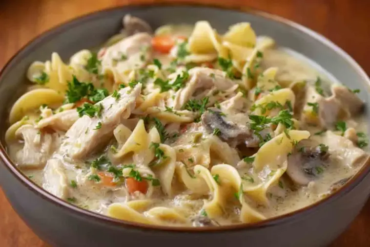 Bowl of creamy slow cooker chicken and noodles topped with parsley, featuring tender shredded chicken, egg noodles, carrots, and mushrooms in a rich broth.