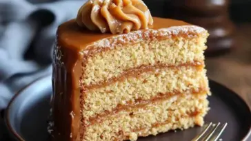 Three-layer slice of classic Southern Caramel Cake topped with swirled caramel frosting, served on a dark plate with a fork.