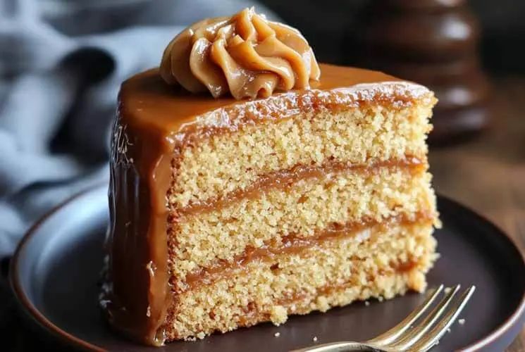 Three-layer slice of classic Southern Caramel Cake topped with swirled caramel frosting, served on a dark plate with a fork.