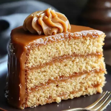 Slice of Southern Caramel Cake with moist yellow layers and rich boiled caramel frosting, topped with a swirl of caramel on a dark plate.