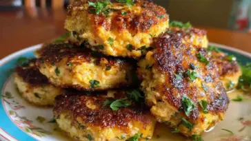 A plate of golden-brown Southern salmon patties garnished with fresh parsley, stacked high and glistening with crispy edges.