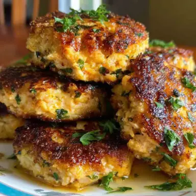 A plate of golden-brown Southern salmon patties garnished with fresh parsley, stacked high and glistening with crispy edges.