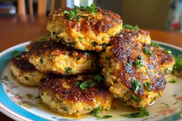 A plate of golden-brown Southern salmon patties garnished with fresh parsley, stacked high and glistening with crispy edges.