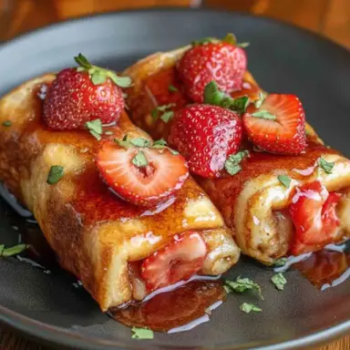 Golden brown strawberry French toast roll-ups filled with cream cheese and fresh strawberries, topped with syrup and sliced berries on a black plate.