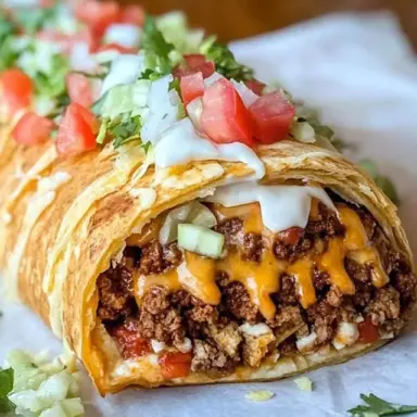 Golden-brown taco braid filled with ground beef and melted cheese, braided with crescent dough and served with salsa and guacamole on the side.