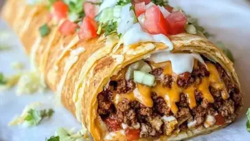 Close-up of a golden-baked taco braid filled with seasoned ground beef, melted cheddar cheese, chopped tomatoes, onions, lettuce, and drizzled sour cream.