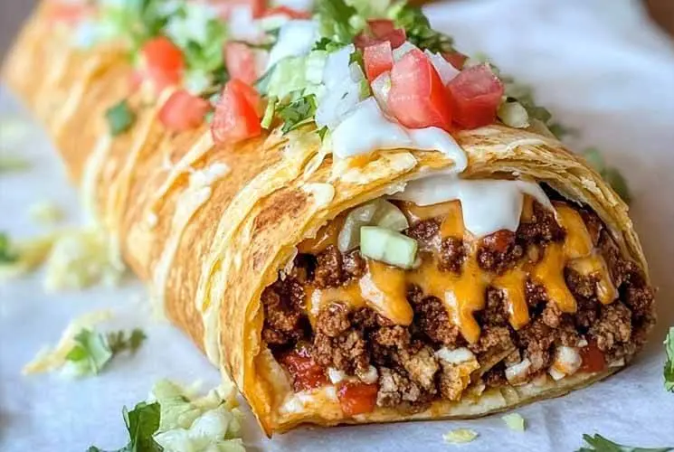 Close-up of a golden-baked taco braid filled with seasoned ground beef, melted cheddar cheese, chopped tomatoes, onions, lettuce, and drizzled sour cream.