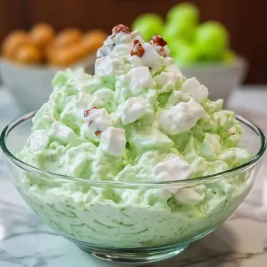 A bowl of creamy green Watergate Salad made with pistachio pudding, whipped topping, mini marshmallows, and chopped pecans, served on a marble countertop.
