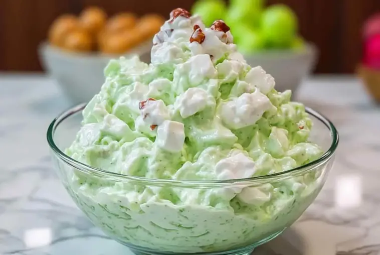 Close-up of a glass bowl filled with fluffy green Watergate Salad made from pistachio pudding, Cool Whip, marshmallows, and chopped pecans, with fruit in the background.