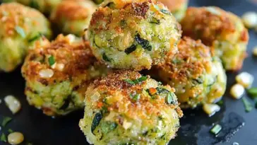 Close-up of golden-brown zucchini garlic bites stacked on a black plate, garnished with fresh herbs and crisped cheese, showing texture and crispy edges.
