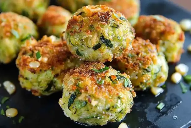 Close-up of golden-brown zucchini garlic bites stacked on a black plate, garnished with fresh herbs and crisped cheese, showing texture and crispy edges.