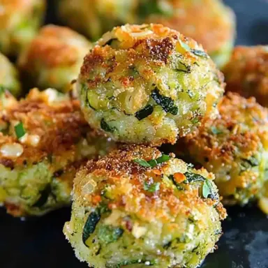 Close-up of golden-brown zucchini garlic bites with crispy breadcrumb coating, fresh herbs, and melted cheese on a dark serving plate.
