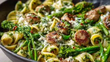 One pan sausage and broccolini pesto pasta in a skillet, garnished with grated cheese and red pepper flakes, ready to serve