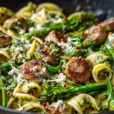 Close-up of one pan sausage, broccolini, and pesto pasta in a black skillet, topped with parmesan and red pepper flakes