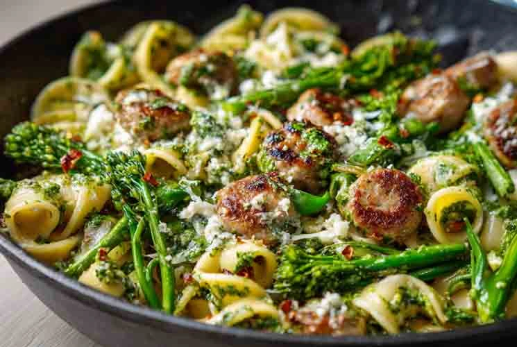 One pan sausage and broccolini pesto pasta in a skillet, garnished with grated cheese and red pepper flakes, ready to serve