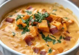 A creamy bowl of sweet potato soup topped with cubed roasted sweet potatoes and chopped parsley, served in a white bowl.