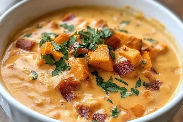 A creamy bowl of sweet potato soup topped with cubed roasted sweet potatoes and chopped parsley, served in a white bowl.