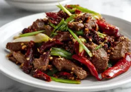 A plate of spicy cumin lamb stir fry featuring seared lamb slices, toasted cumin seeds, red chilies, and scallions, served on a white plate in a modern kitchen setting.