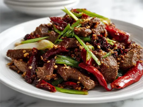 A plate of spicy cumin lamb stir fry featuring seared lamb slices, toasted cumin seeds, red chilies, and scallions, served on a white plate in a modern kitchen setting.