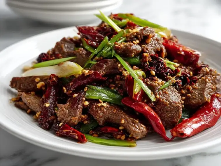 A plate of spicy cumin lamb stir fry featuring seared lamb slices, toasted cumin seeds, red chilies, and scallions, served on a white plate in a modern kitchen setting.