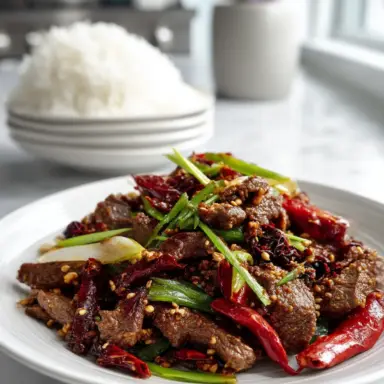 Spicy cumin lamb stir fry with dried red chilies, scallions, and toasted spices served on a white plate, accompanied by a stack of plates with steamed white rice, set in a modern kitchen with soft natural lighting.
