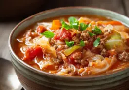 A rustic ceramic bowl filled with hearty cabbage roll soup made with ground beef, chopped cabbage, tomatoes, and rice, garnished with fresh parsley.