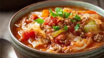 A rustic ceramic bowl filled with hearty cabbage roll soup made with ground beef, chopped cabbage, tomatoes, and rice, garnished with fresh parsley.