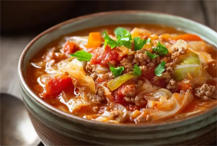A rustic ceramic bowl filled with hearty cabbage roll soup made with ground beef, chopped cabbage, tomatoes, and rice, garnished with fresh parsley.