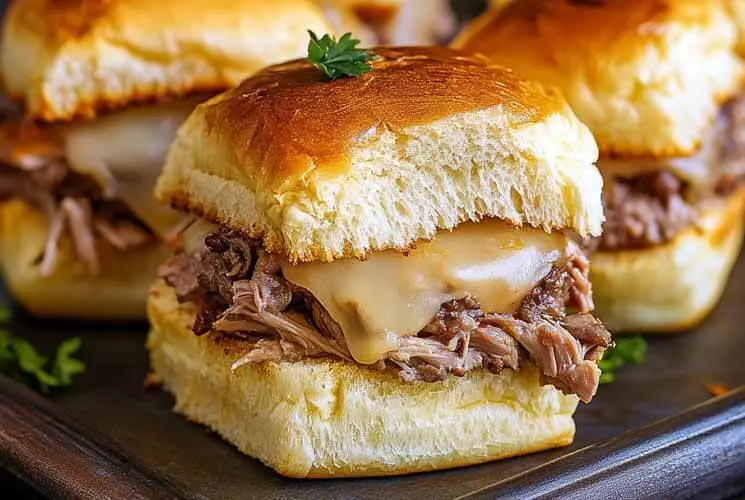 French Dip Slider with shredded roast beef and melted cheese on a toasted, golden slider bun, topped with parsley, served on a dark tray.
