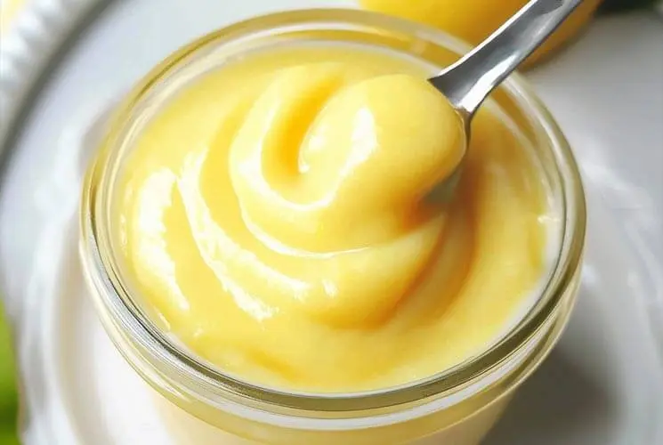 A jar of silky homemade lemon curd with a spoonful lifted, showing its thick, creamy texture and vibrant yellow color.