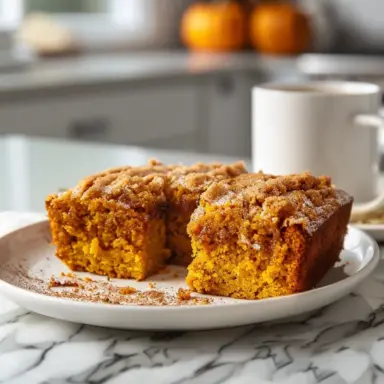 Pumpkin Spiced Coffee Cake sliced on a white plate with cinnamon topping, served on a marble counter with a mug of coffee and pumpkins in a bright modern kitchen.