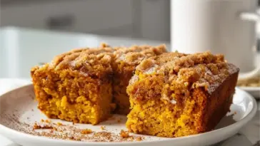 A close-up of a moist Pumpkin Spiced Coffee Cake with a cinnamon crumb topping on a white plate, served with a cup of coffee in a bright modern kitchen.