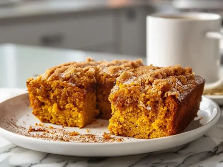 A close-up of a moist Pumpkin Spiced Coffee Cake with a cinnamon crumb topping on a white plate, served with a cup of coffee in a bright modern kitchen.