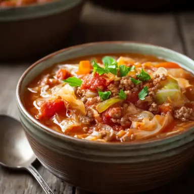 A rustic ceramic bowl filled with hearty cabbage roll soup featuring chopped cabbage, ground beef, tomatoes, and rice in a rich red broth, garnished with fresh parsley.