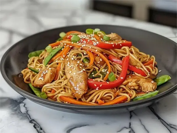 A black bowl filled with chicken lo mein on a marble counter, featuring glossy egg noodles, sliced chicken breast, red bell peppers, carrots, snow peas, and sesame seeds.