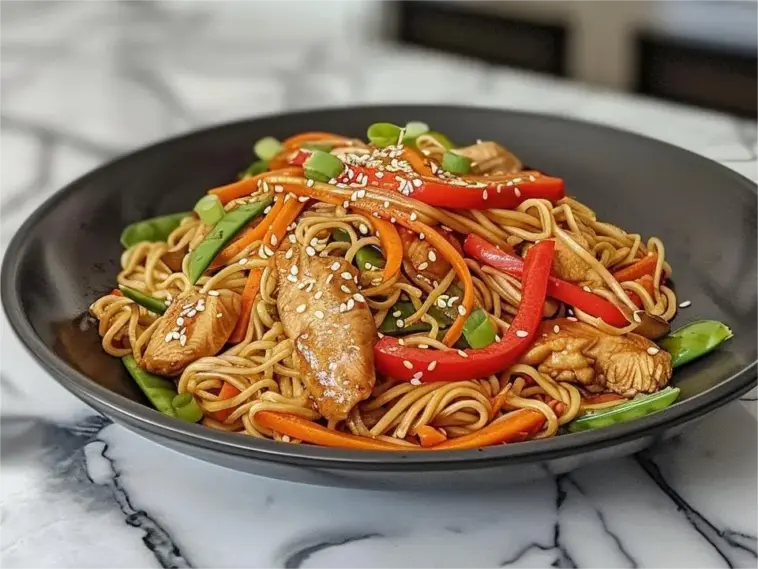 A black bowl filled with chicken lo mein on a marble counter, featuring glossy egg noodles, sliced chicken breast, red bell peppers, carrots, snow peas, and sesame seeds.